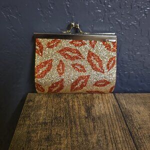 Coin Purse, Kiss Lock Bag for Women, Red Lips on Gold, Sparkle Glitter